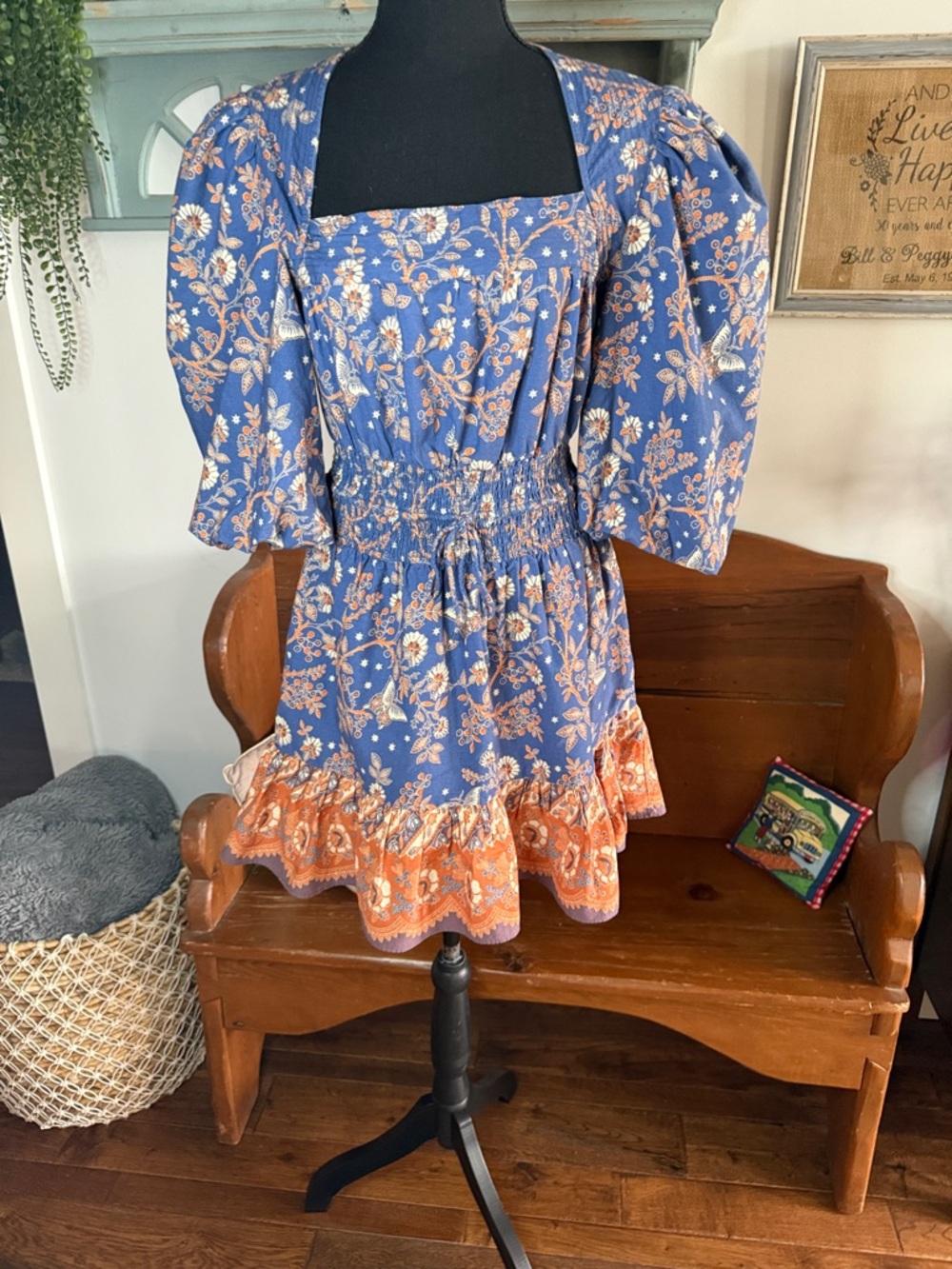 House of Harlow 1960 Blue Floral Mini Dress with Orange Trim
